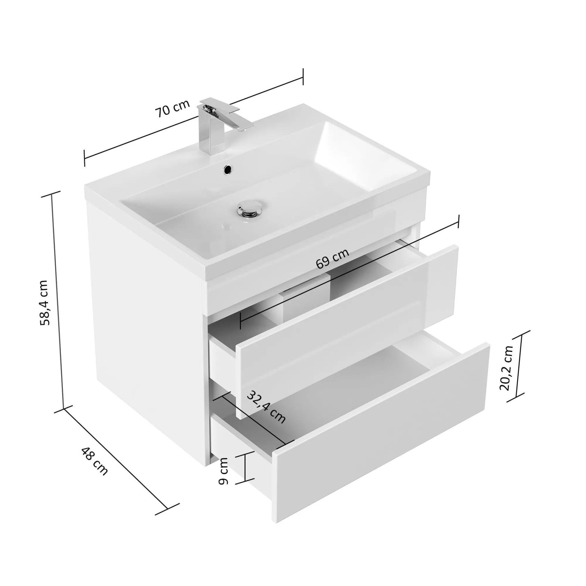 Wastafelkasten^Huisenthuis Badmeubel Atlanta Hoogglans 70 cm Wit