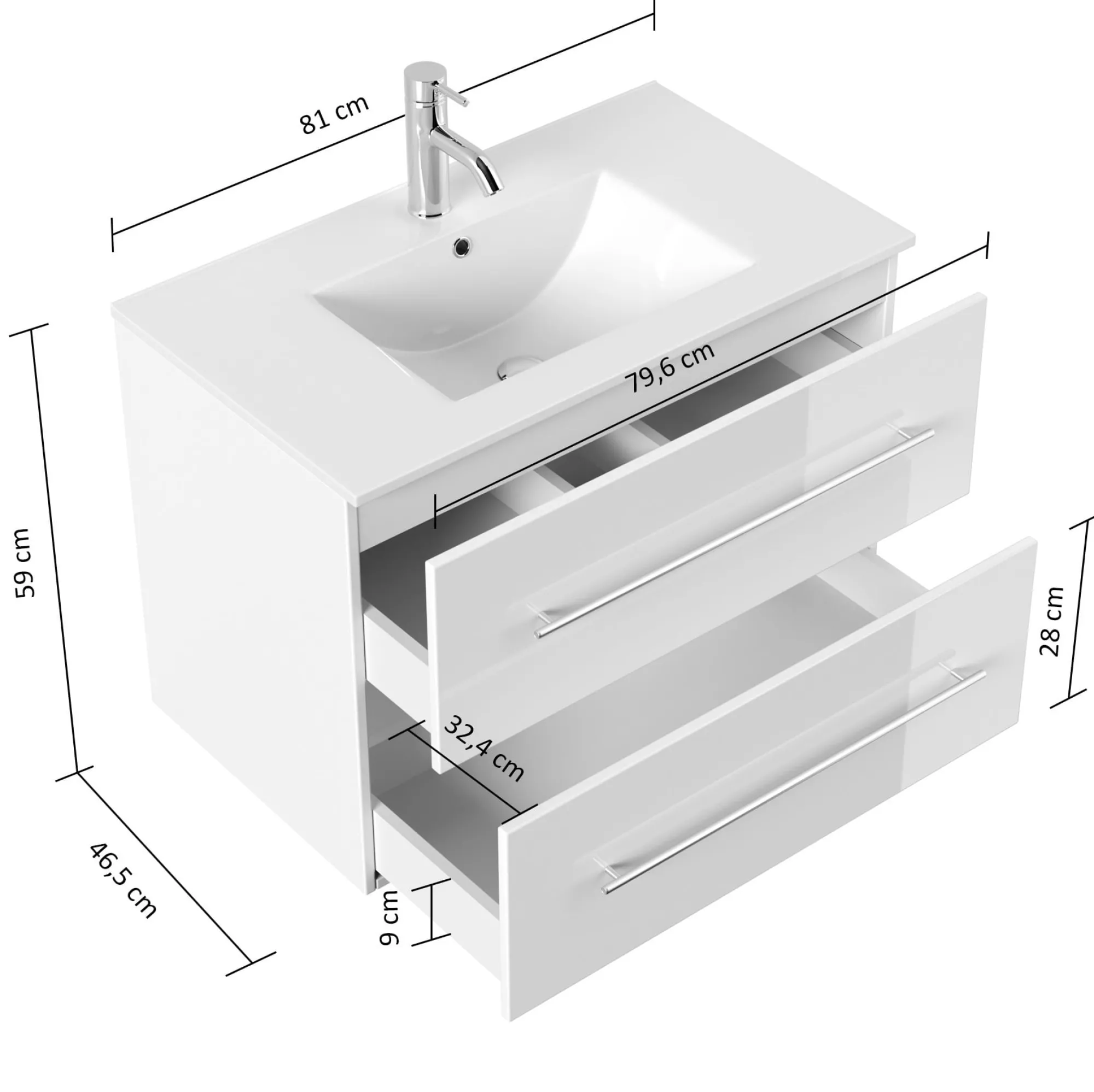 Wastafelkasten^Huisenthuis Badmeubel Bilbao Hoogglans 80 cm Wit