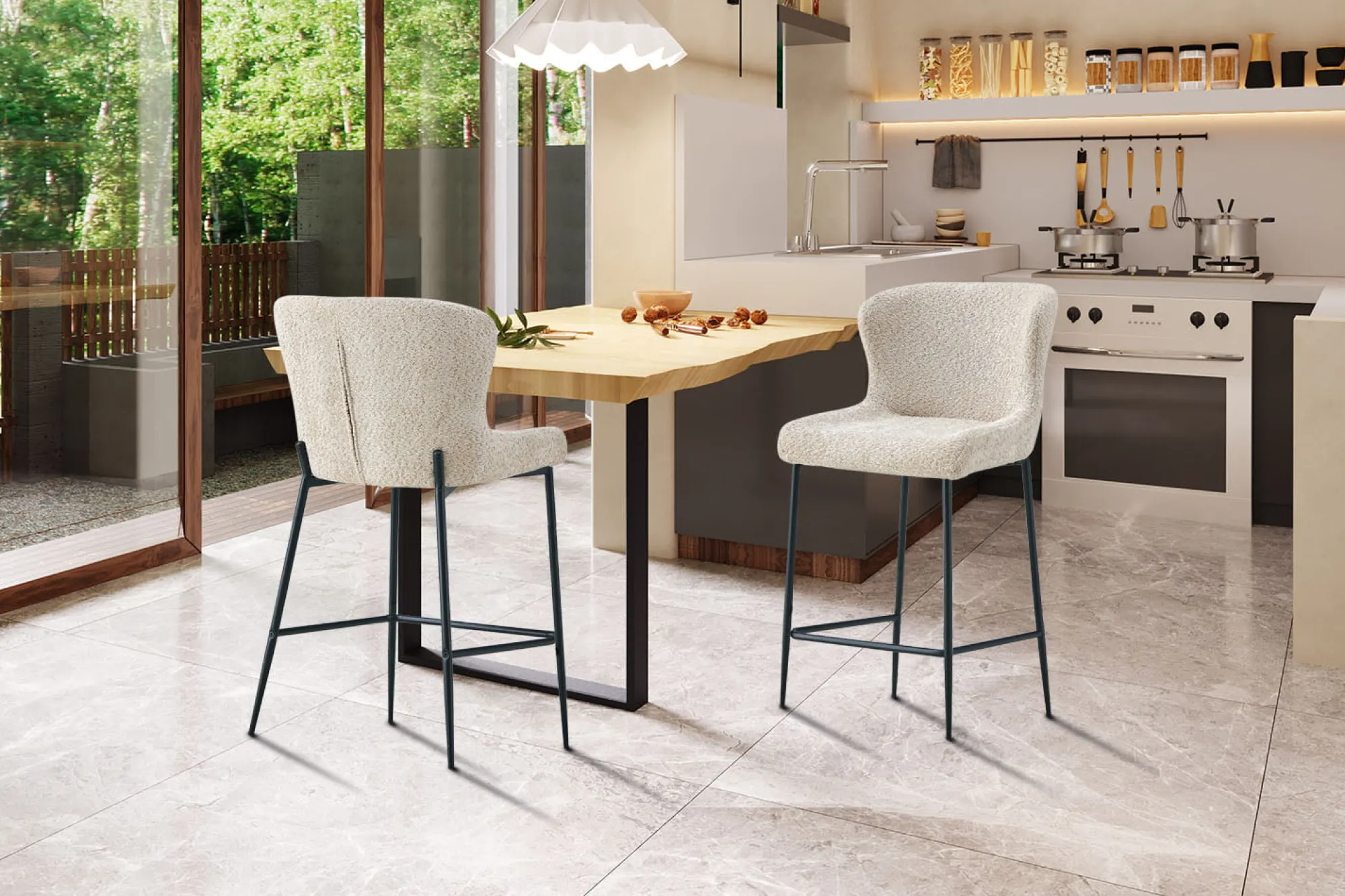 Barkrukken^Huisenthuis Barkruk Jolie Bouclé Beige – Set van 2