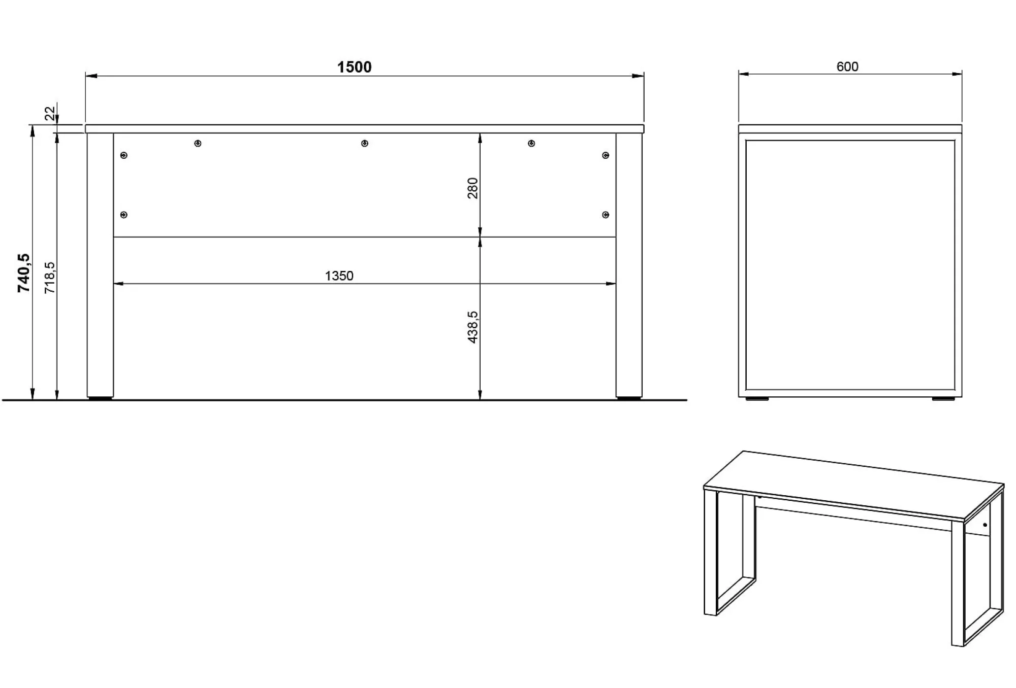 Bureaus^Huisenthuis Bureau Orlando Zwart 150 cm Grafiet