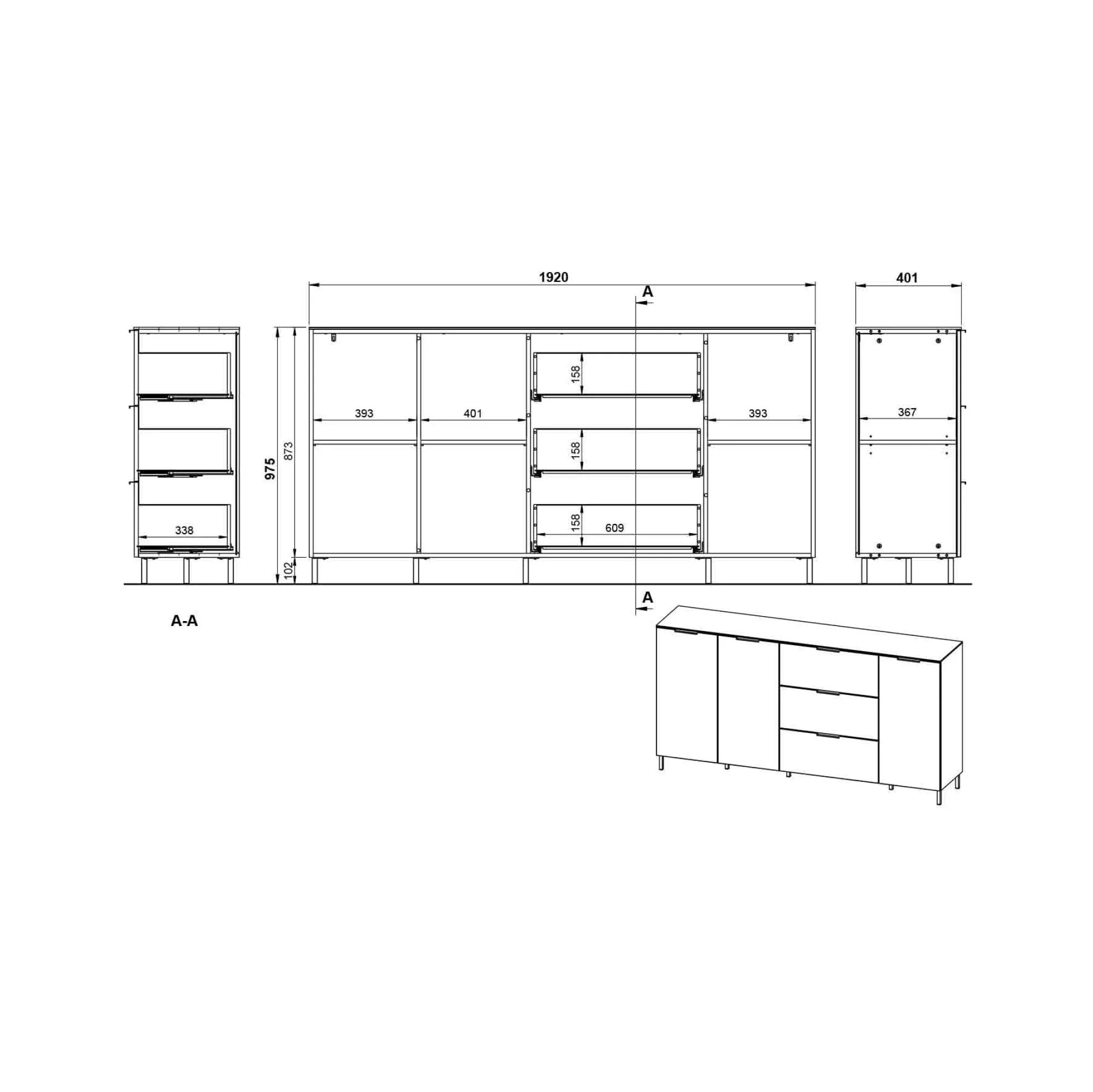 Dressoirs^Huisenthuis Dressoir Amalfi Grafiet-Eiken L