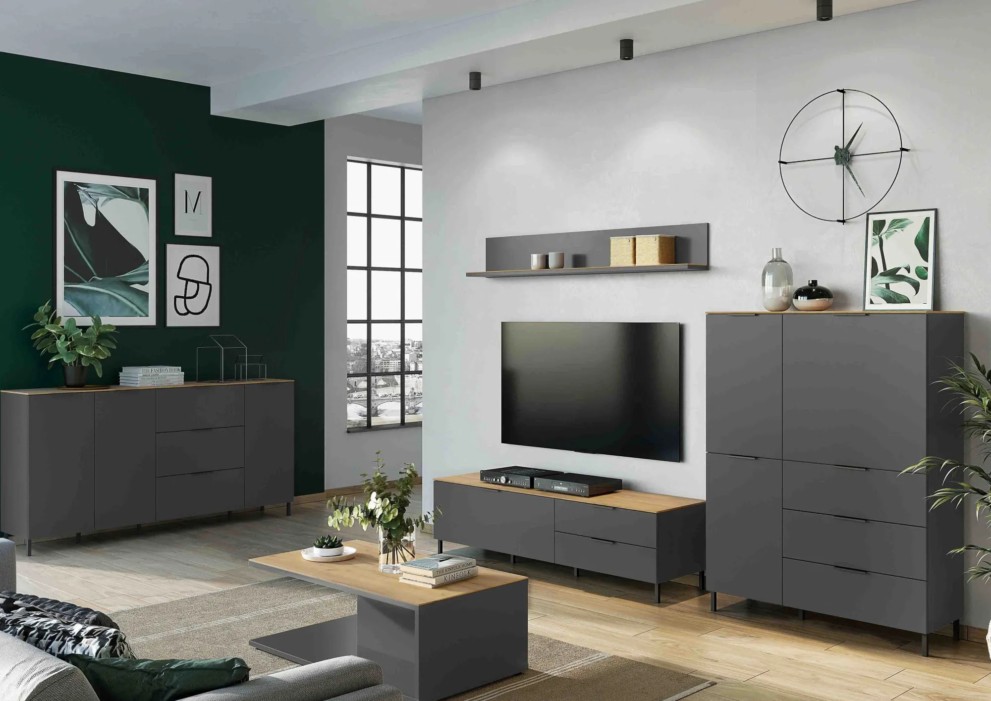 Dressoirs^Huisenthuis Dressoir Amalfi Grafiet-Eiken L