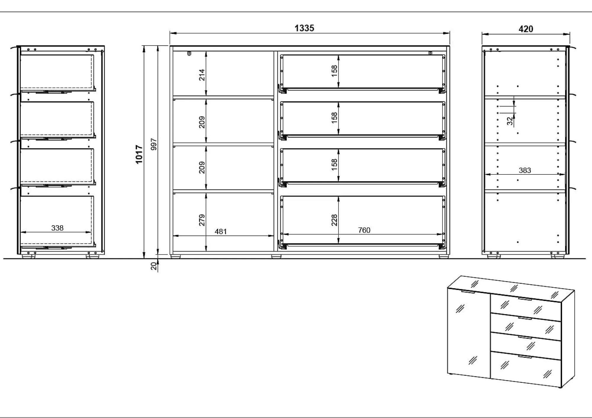 Dressoirs^Huisenthuis Dressoir Siena Kasjmier 134 cm
