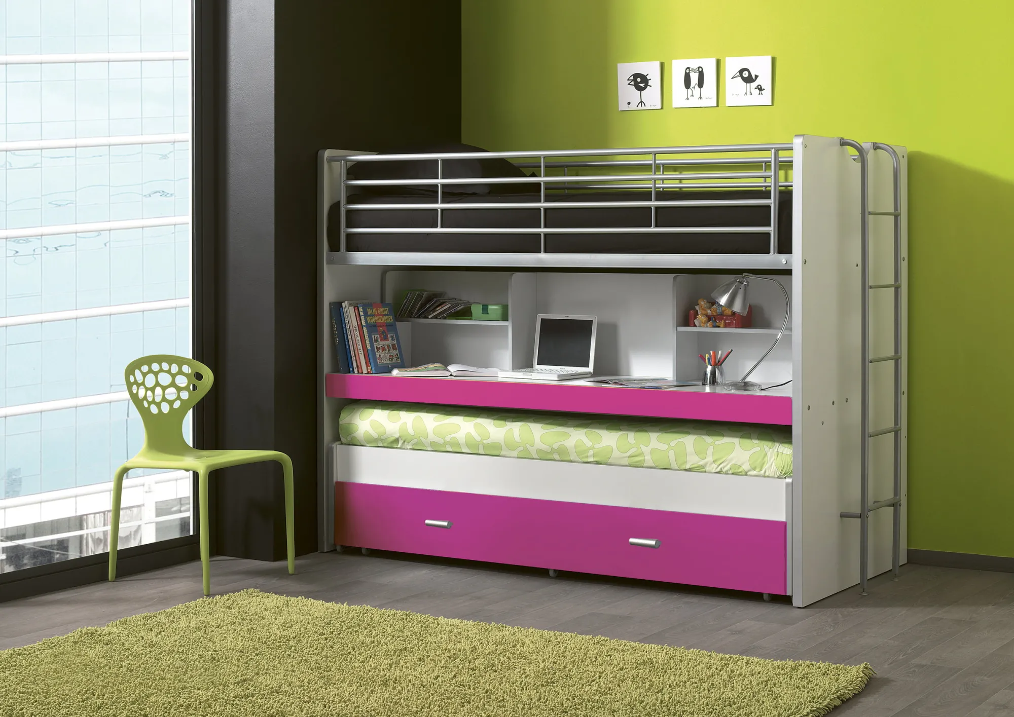 Kinderbedden^Huisenthuis Driepersoons hoogslaper Evi-HF Fuchsia