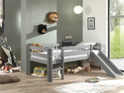Kinderbedden^Huisenthuis Halfhoogslaper Charlie Grenen 90×200 cm – Met ladder en glijbaan Grijs