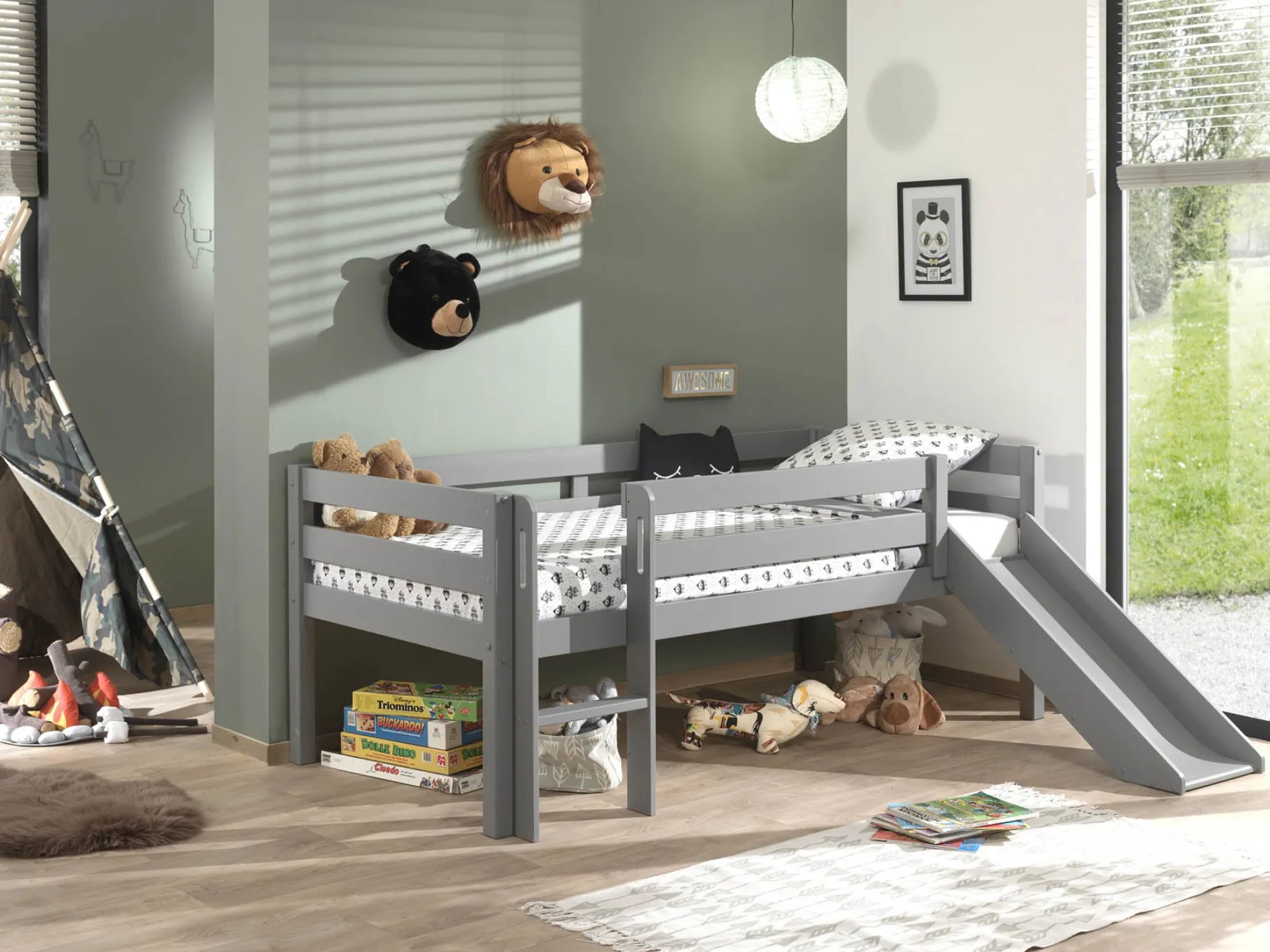 Kinderbedden^Huisenthuis Halfhoogslaper Charlie Grenen 90×200 cm – Met ladder en glijbaan Grijs