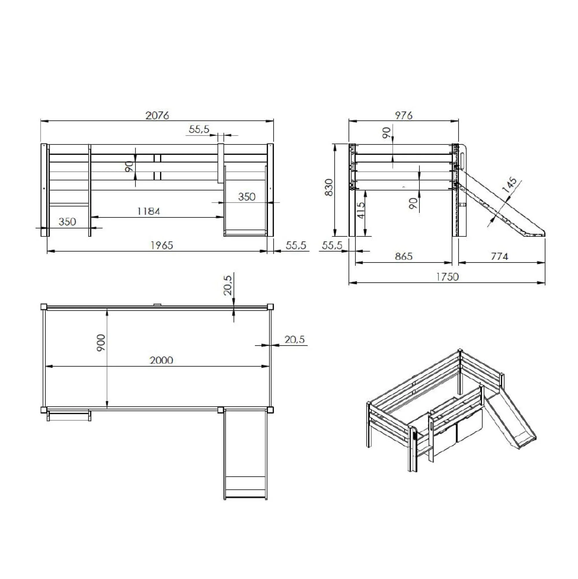 Kinderbedden^Huisenthuis Halfhoogslaper Charlie Grenen 90×200 cm – Met ladder en glijbaan Grijs