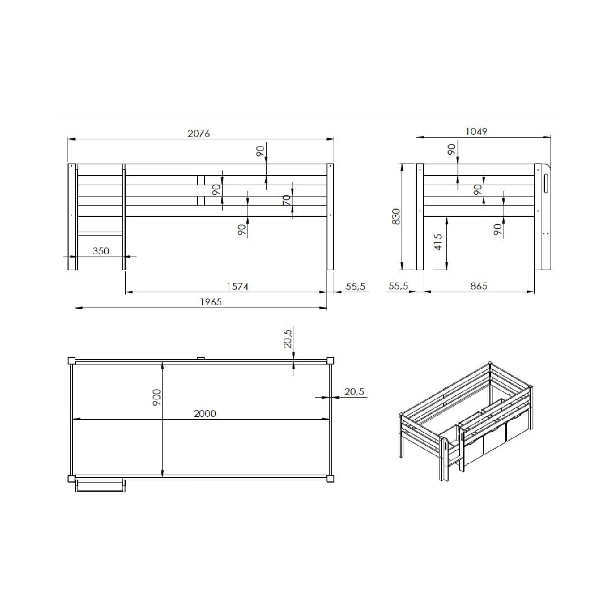 Kinderbedden^Huisenthuis Halfhoogslaper Charlie Grenen 90×200 cm – Met ladder Grijs