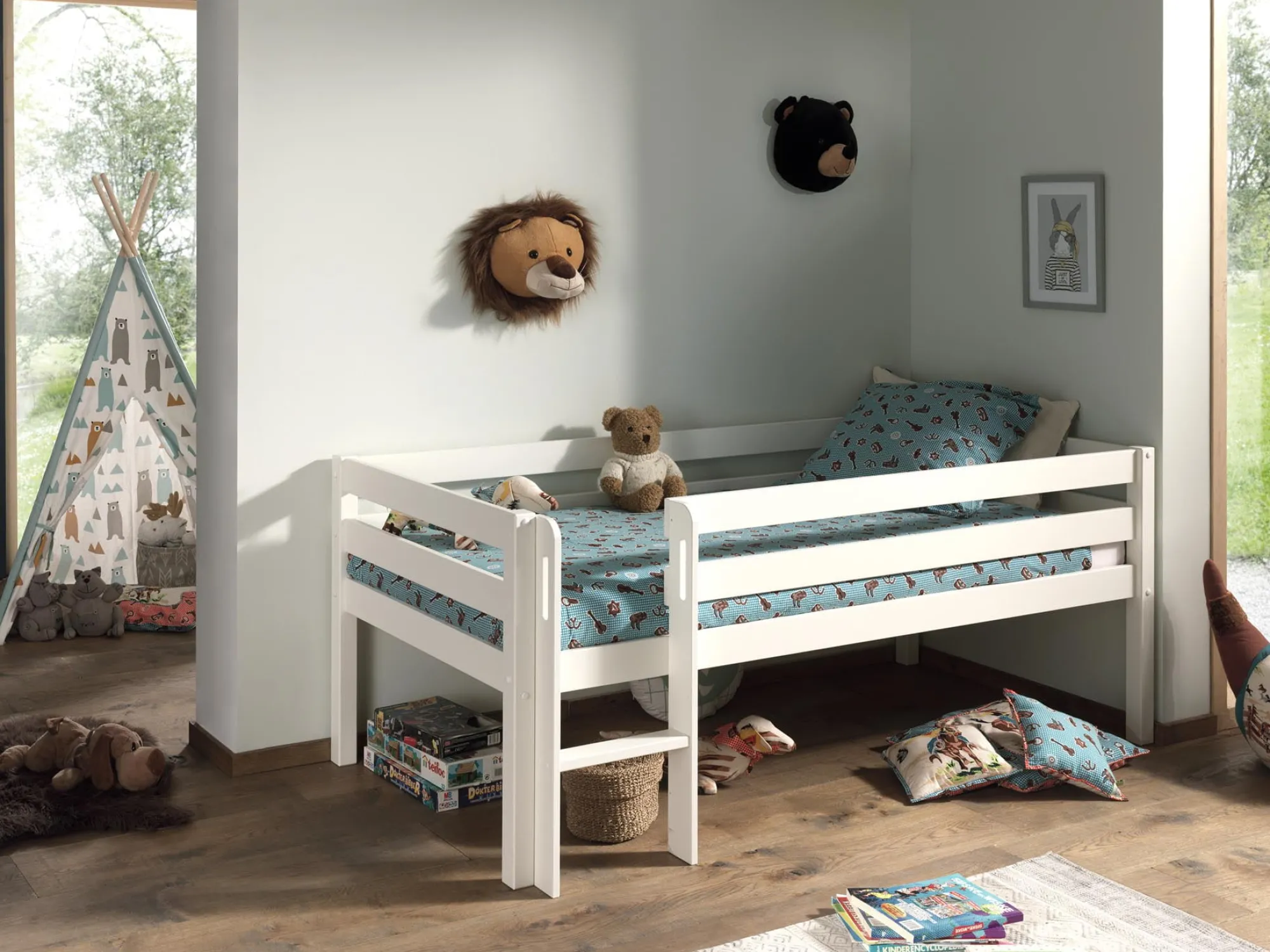 Kinderbedden^Huisenthuis Halfhoogslaper Charlie Grenen 90×200 cm – Met ladder Wit