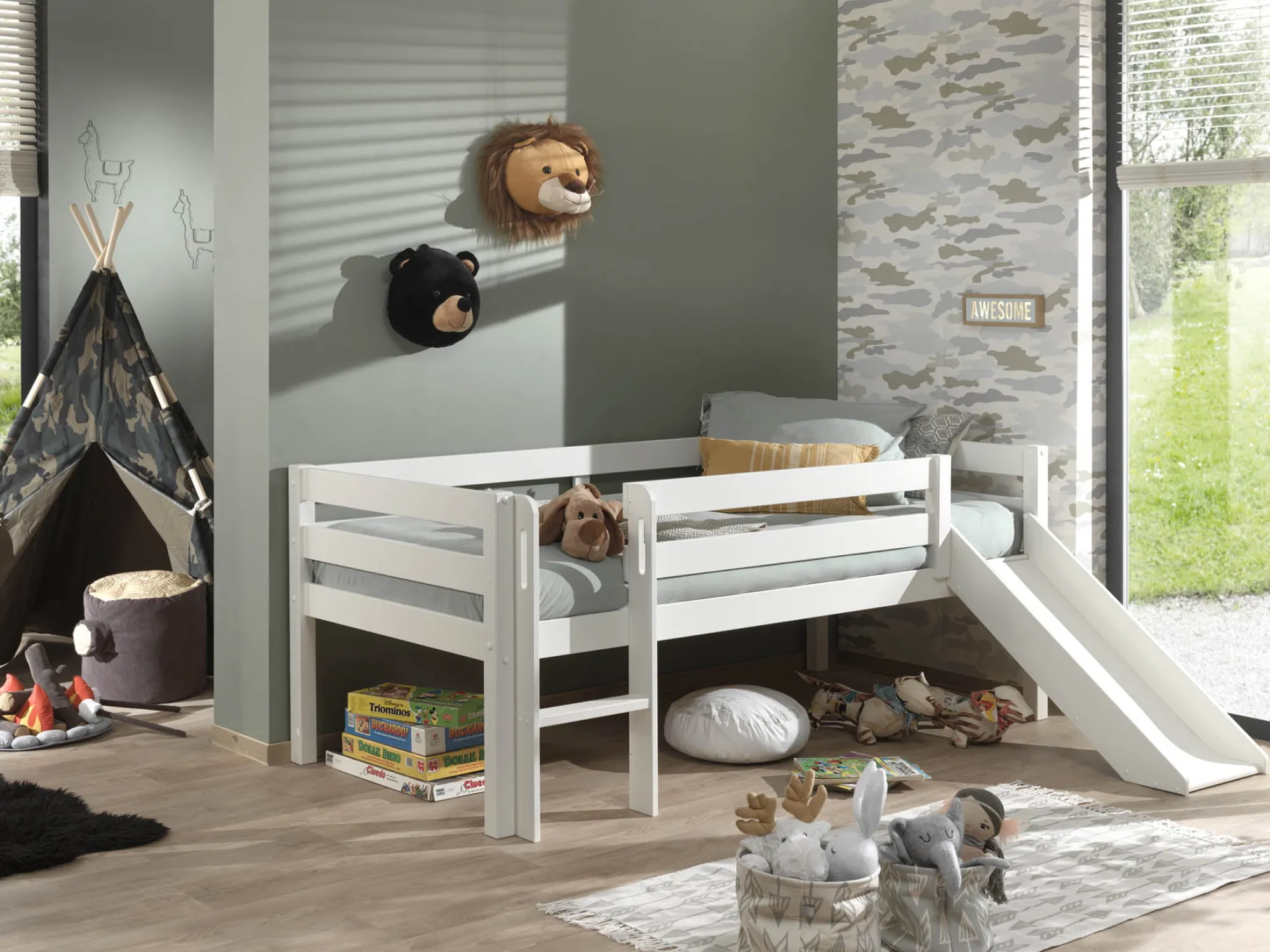 Kinderbedden^Huisenthuis Halfhoogslaper Charlie Grenen 90×200 cm – Met ladder en glijbaan Wit