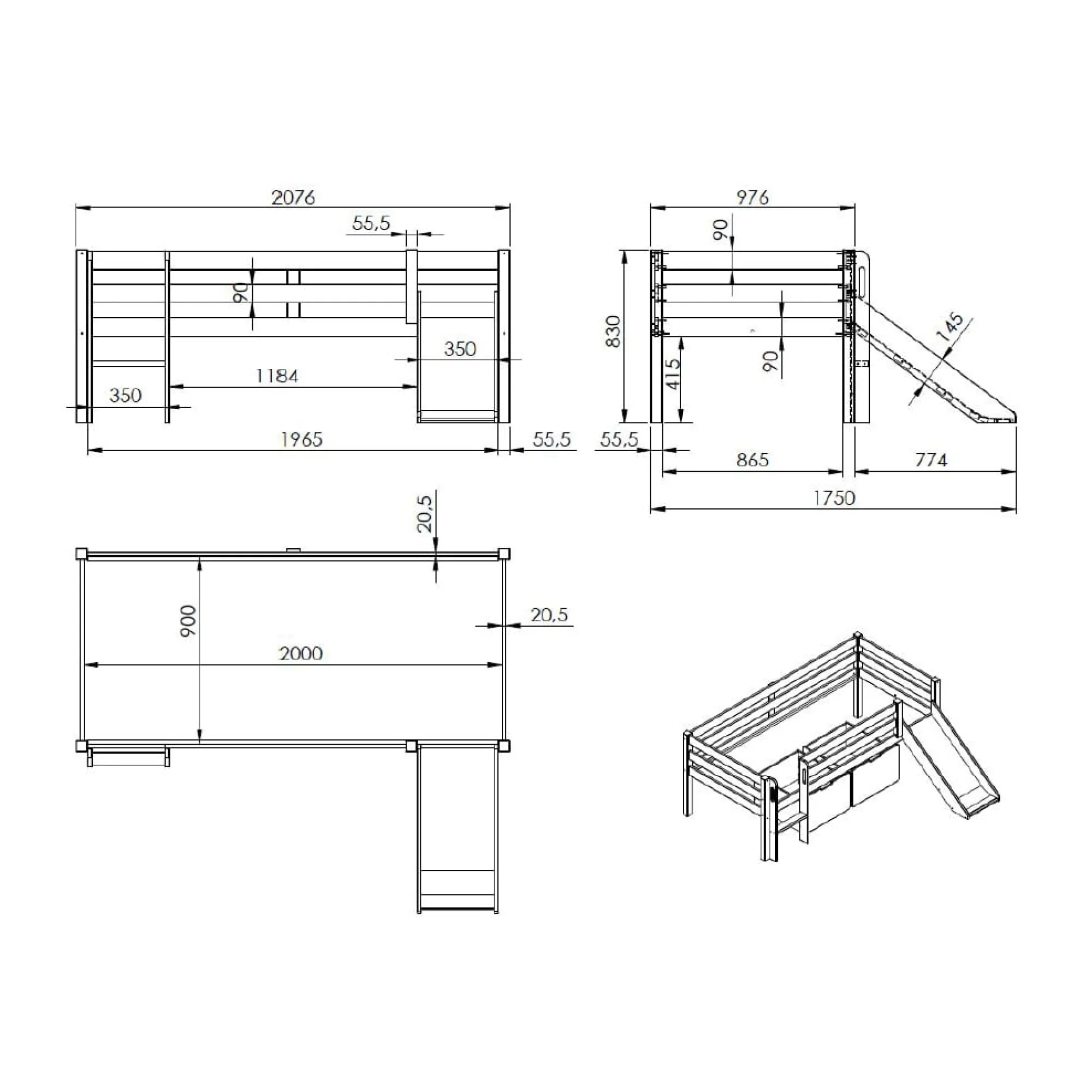 Kinderbedden^Huisenthuis Halfhoogslaper Charlie Grenen 90×200 cm – Met ladder en glijbaan Wit