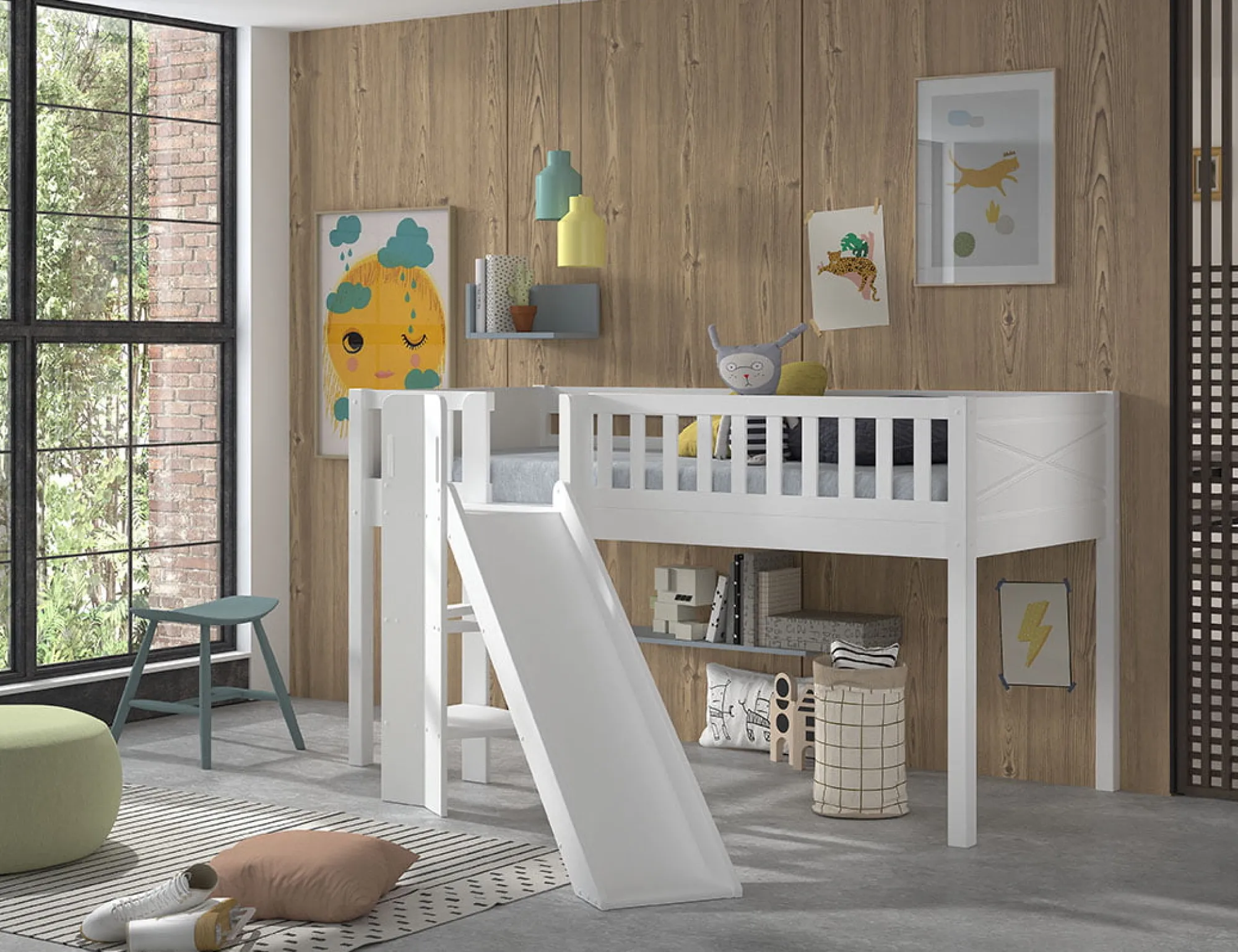 Kinderbedden^Huisenthuis Halfhoogslaper Jonas Wit – Met glijbaan