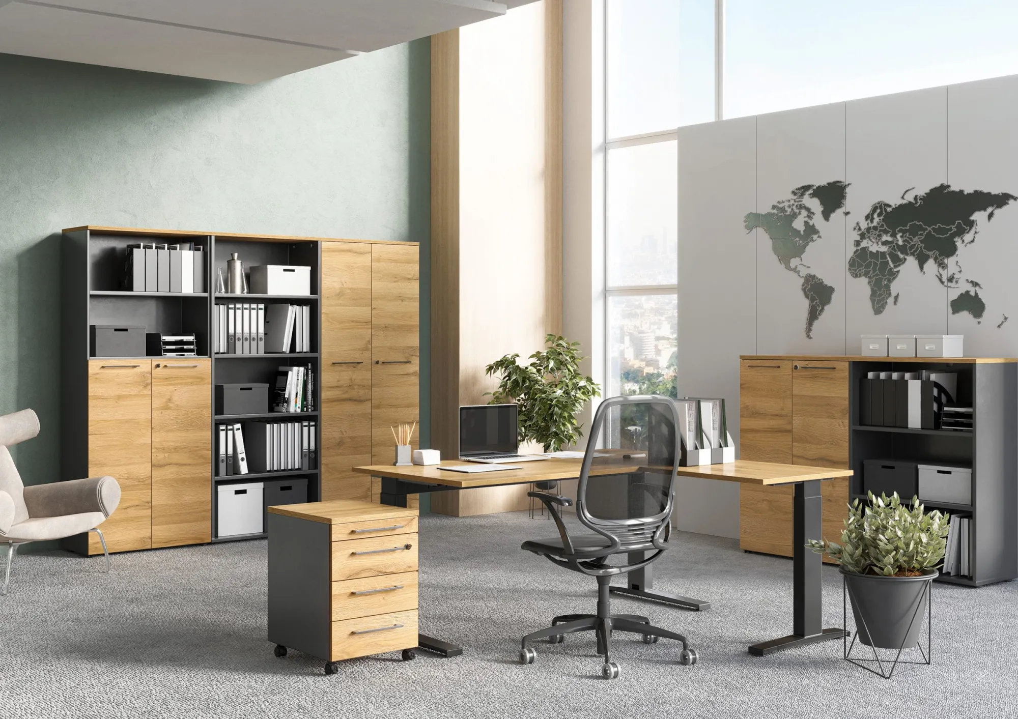 Kantoorkasten^Huisenthuis Hoge dichte kantoorkast Ergonoma Eiken Antraciet, Eiken