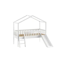Kinderbedden^Huisenthuis Huisbed Bibi Grenen Wit 90×200 cm – Met ladder en glijbaan