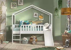 Kinderbedden^Huisenthuis Huisbed Bibi Grenen Wit 90×200 cm – Met ladder en glijbaan