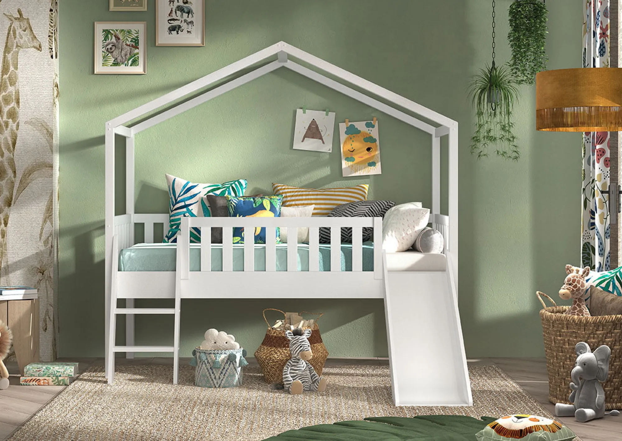 Kinderbedden^Huisenthuis Huisbed Bibi Grenen Wit 90×200 cm – Met ladder en glijbaan