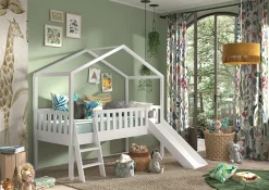 Kinderbedden^Huisenthuis Huisbed Bibi Grenen Wit 90×200 cm – Met ladder en glijbaan