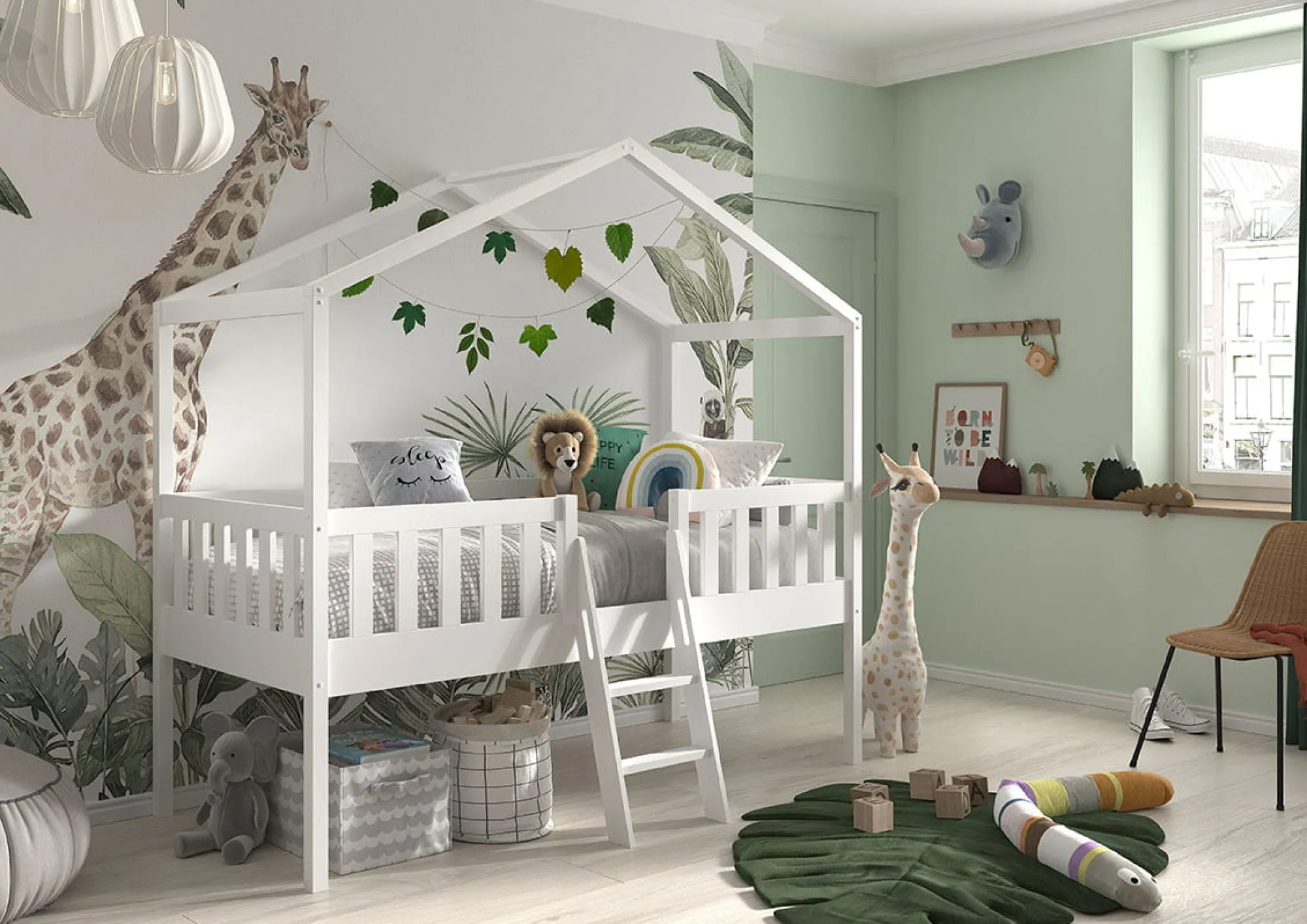 Kinderbedden^Huisenthuis Huisbed Bibi Grenen Wit 90×200 cm – Met ladder
