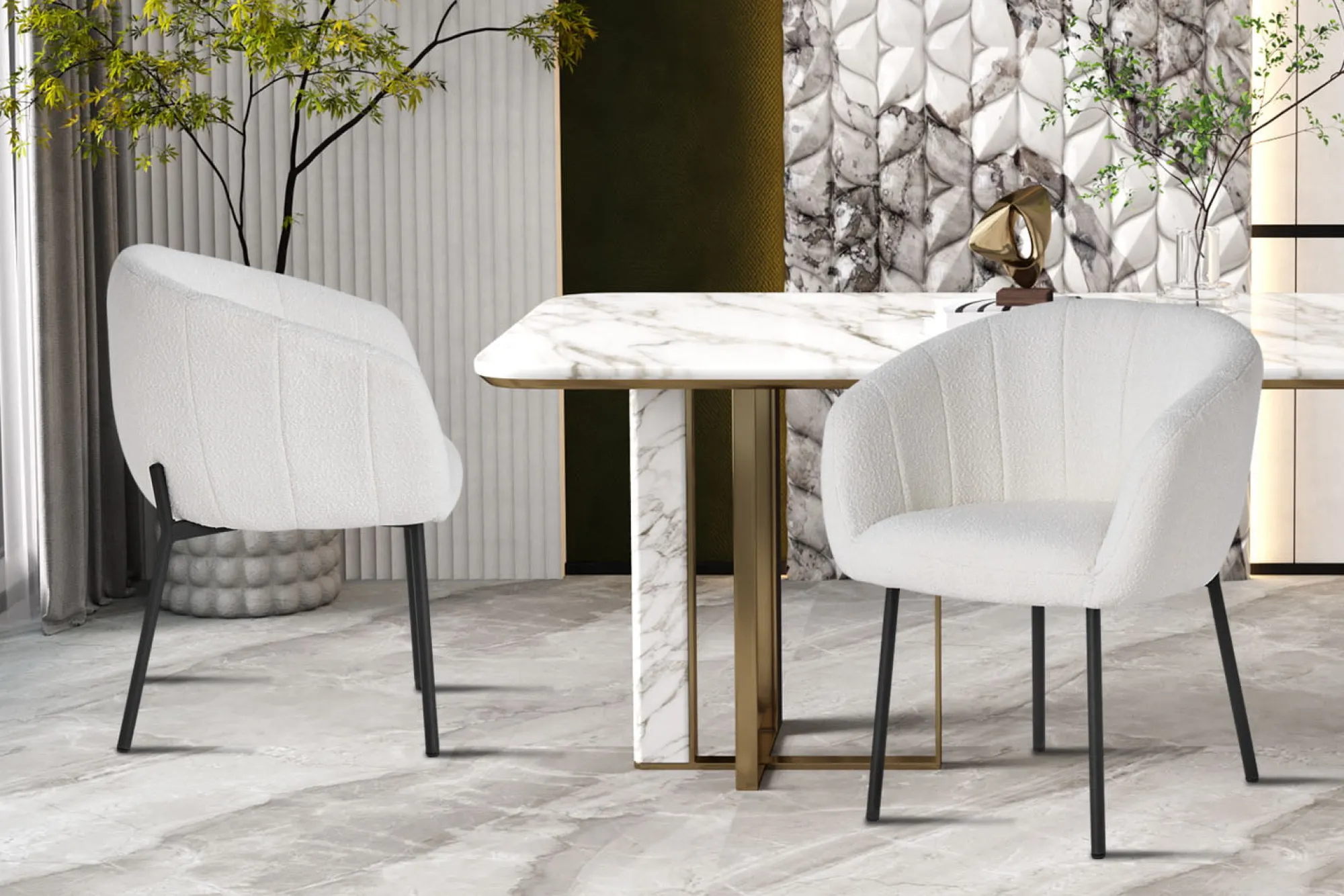 Eetkamerstoelen^Huisenthuis Stoel Pia Bouclé – Set van 2 Wit