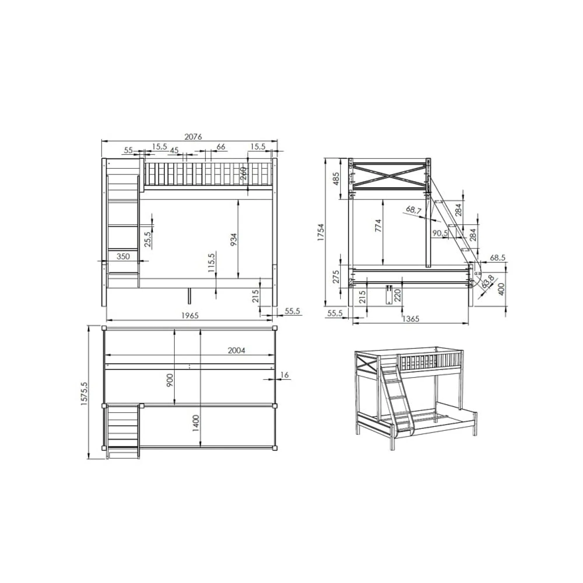 Kinderbedden^Huisenthuis Triobed Jonas Wit